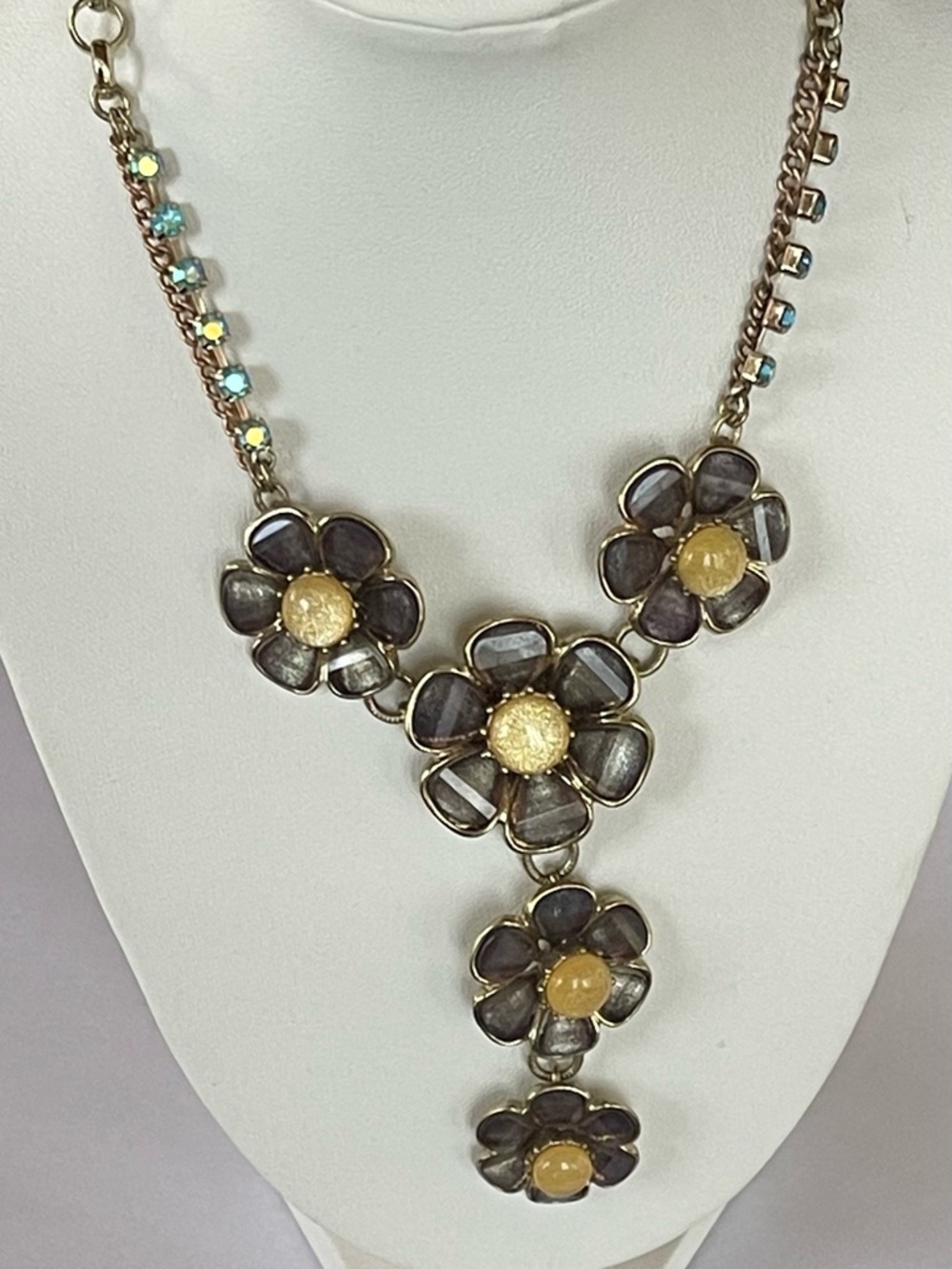 Betsey Johnson Floral Statement Necklace Rhinestone Chain Yellow Center Drop